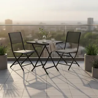 Gardenson Balkonset , Graphitfarben , Metall , 3-teilig , Tisch klappbar, Stuhl klappbar , Gartenmöbel, Gartengarnituren, Balkonmöbel-Sets