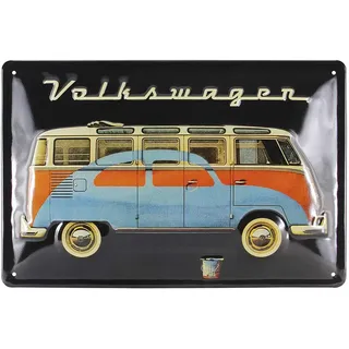 BRISA VW Collection - Volkswagen Retro-Blech-Schild-Vintage-Dekoration Geschenk-Idee aus Metall im T1 Bus Design (Bus & Käfer/Schwarz)