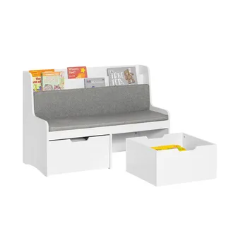 SoBuy KMB66-W Kinder- Sitzbank mit Bücherregal Spielzeugtruhe Spielzeugkiste Aufbewahrungsbox mit Rollen Schuhbank mit Sitzkissen Weiß bht ca.