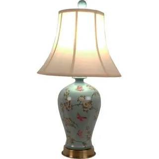 Fine Asianliving Chinesische Tischlampe Porzellan mit Schirm Handbemalt Türkis B40xT40xH76cm - Türkis