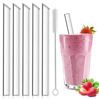 winbest 5 Stück Bubble Tea Strohhalme [+Reinigungsbürste], EXTRA DICKE Glas Strohhalm, Boba Strohhalme Glas Wiederverwendbar für Bubble Tea, Smoothie, Cocktails und Säfte - 14 mm × 21,5 cm