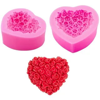 WANDIC Silikonform, 2 Stück, 3D-Herzform, Rosenform, für Seife, Kerze, DIY-Spielzeug, dekorative Ornamente, Kunsthandwerk, rund und rechteckig