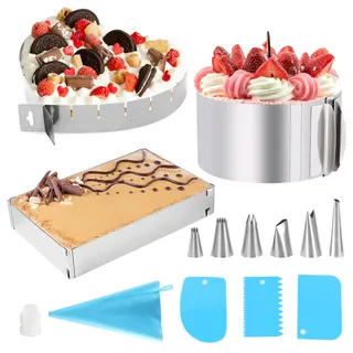 GENHH 3 Stück Tortenring Verstellbar, 5cm Hoher Backrahmen Rechteckig Verstellbar, Edelstahl Herzform Backform, Kuchenring Set mit Waage, Spritzbeutel und Tülle zum Backen von Kuchen Pizzen Desserts