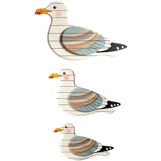 HUVZOR Maritime Deko, 3 Stück Wand Deko Holz Möwen Set, Maritime Deko mit Möwenmotiv, Dekorationen mit Küstenmotiv, Strand-Möwendekor für Wohnzimmer, Schlafzimmer, Badezimmer, Ferienhaus