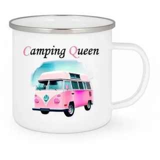 Dreambase Retro Emailletasse, Becher, Geschenk-Idee, Camping - Zelten, 300ml (Camping Queen)