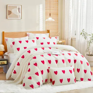 Nayoroom Biber Bettwäsche 200x200 Winter Weiß mit Rot Herz Muster Fleece Herzen Bettwäsche-Sets 3 Teilig Cashmere Touch Warm Flauschige Flanell Weihnachten Plüsch Bettbezug und 2 Kissenbezüge 80x80 cm