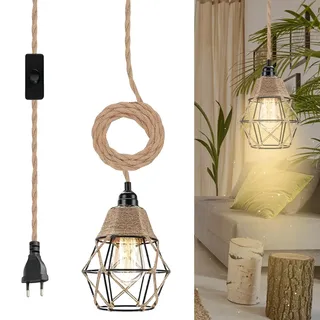 WIYETY Hängelampe mit Stecker: Rattan Pendelleuchte und 1,8 m Kabel, Vintage Plug in Hängelampe, Textilkabel Käfige Hängeleuchte, E27 Halter Kit für Küche, Balkon, Innen(Ohne Glühbirne)