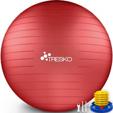 TRESKO Gymnastikball mit GRATIS Übungsposter inkl. Luftpumpe - Yogaball BPA-Frei | Sitzball Büro | Anti-Burst | 300 kg,Rot,55cm (für Körpergröße unter 155cm)