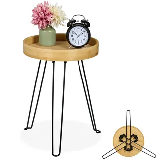 Relaxdays Beistelltisch, Bambus & Metall, Industrial Design, HBT: 47,5x38x38 cm, Wohnzimmer, Couchtisch, Natur/schwarz