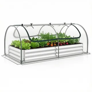 COSTWAY 3 in 1 Gewächshaus mit Hochbeet, Blumenbeet mit Zwei Fenstern, Rechteckiges Frühbeet, Metall Pflanzkasten, PVC-Folie, für Balkon202x101x 81 cm - Grün, Silber