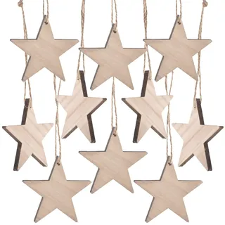 Weihnachtsanhänger Holz, 10 Stück: Holzanhänger Stern, Geschenkanhänger Sterne Weihnachten, Anhänger Geschenke, Tannenbaum & Zweige, Deko, Weihnachtsdeko Natur, Weihnachtsschmuck 10 cm