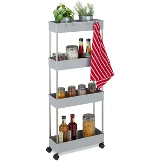Relaxdays Nischenwagen, Kunststoff, HBT 98 x 15,5 x 40,5 cm, schmales Nischenregal Bad, Küche, 4 Haken & Fächer, grau - Metall, , 15.5x98x40.5 , Esszimmer, Servierwagen