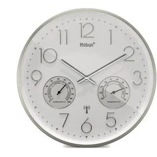MEBUS Funk-Wanduhr mit Thermo- und Hygrometer, lautlos, silberner Rahmen, weiß, Modell 12989 - Präzision und Komfort