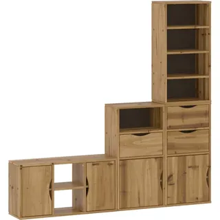 4-tlg. Wohnwand mit Stauraum ODDA Massivholz Kiefer - Braun, Bunt