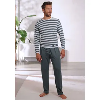 Pyjama H.I.S, Herren, Gr. 48/50 (M), grün (grün, creme), Jersey, Obermaterial: 60% Baumwolle, 40% Polyester, gestreift, Basic, lang, Rundhals, abgesteppte Kante, Homewear-Sets Pyjama, Schlafanzug mit garngefärbten Streifen