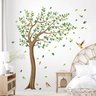 Tanlaby Wandtattoo Großer Baum Grüne Blätter Vögel Wandsticker