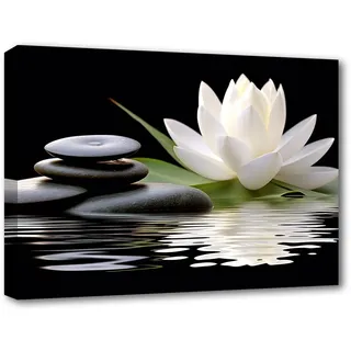 LZIMU Zen Leinwandbilder weißer Lotus und schwarze Zen Steine blühen im Wasser Bilddrucke für Yoga Spa Meditation spirituelle Raumdekoration (Zen-1,(40.00 x 60.00 cms))