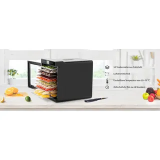 Dörrautomat ETA Vital Air II Artikel Nr.: ETA230290000 Mehrzweck-Lebensmitteltrockner mit Air-Flow-Technologie, voreingestellten Programmen und 10 Edelstahlsieben, BPA frei - Schwarz