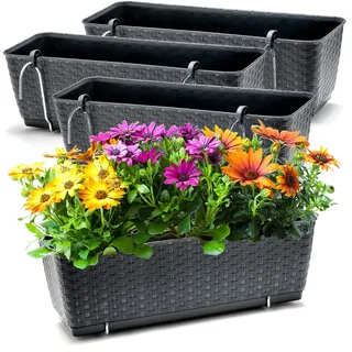BigDean 4 Balkonkästen mit Metall Halterung 49 cm lang & Bewässerungssystem | Blumenkästen für Balkon Geländer Farbe Anthrazit in Rattan-Optik 49 x 17 x 17 cm