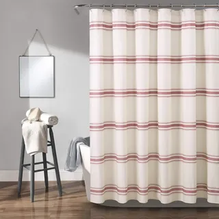 Lush Decor Farmhouse gestreifter Baumwoll-Duschvorhang, 183 x 183 cm, Rot – klassisch, modern, rustikal, Charm-Badezimmer-Dekor