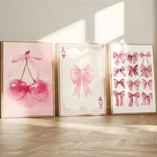 Xiyocadt 3er Rosa Poster Set, Aesthetic Bilder, Ästhetische Rosa Fliege Kirsche Wandbilder, Ohne Rahmen Leinwand Bild, Für Schlafsaal Teen Mädchen Zimmer Deko (50 x 70 cm)