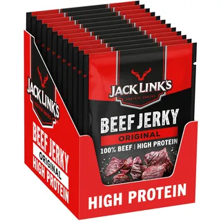 Jack Links Beef Jerky Original – 12er Pack (12 x 25g) – Trockenfleisch Eiweiß Snacks - High Protein Snack für Gym, Fitness, Outdoor - American Food für Menschen - Dörrfleisch Chips aus Rind Fleisch