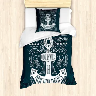 ABAKUHAUS Anker Bettbezug Set für Einzelbetten, Nautisch Seemann Hipster Stil, Milbensicher Allergiker geeignet mit Kissenbezug, Dunkler Schieferblau und Creme