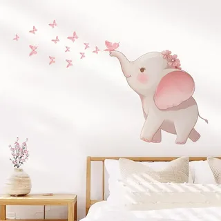 Fufuquare Hübscher Rosa Cartoon Elefant Schmetterling Wandtattoo Tierisches Selbstklebendes Entfernbares Wandaufkleber für Kinderzimmer Kinder Betreuungszimmer Klassenzimmer
