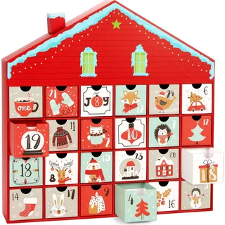 BRUBAKER Adventskalender zum Befüllen - Weihnachtshaus - 40 cm Weihnachtskalender aus Holz mit LED Beleuchtung - Haus Kalender Beleuchtet - Dorf - Rot, Weiß