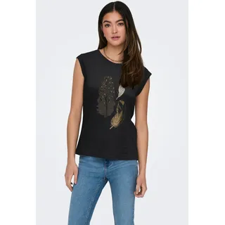 Kurzarmshirt ONLY "FEEL/FEATHERS TOP BOX CS JRS", Damen, Gr. XS, schwarz (schwarz print:glitter feather), Jersey, Obermaterial: 100% Baumwolle, bedruckt, unifarben, figurumspielend hüftbedeckend, Rundhals, angeschnitten, Shirts Kurzarmshirt, Topseller