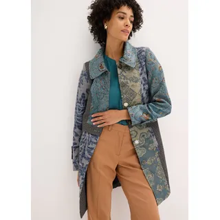 Kurzmantel BONPRIX "Kurzmantel im aufwändigen Jaquard-Design", Damen, Gr. 40, blau (blau graphisch bedruckt), Obermaterial: 70% Polyester, 30% Viskose. Einsatz: 60% Polyester, 40% Viskose. Futter: 100% Polyester, figurbetont, Mäntel Kurzmantel, aus Polyester und Viskose, komplett gefüttert, figurbetonte Passform