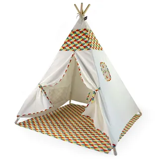 Hej Lønne Tipi Zelt Kinder weiß buntes Muster mit Bodenmatte 120x120x150 cm Kinderzelt Indoor & Outdoor Spielzelt für Kinderzimmer aus Baumwolle mit Fenster