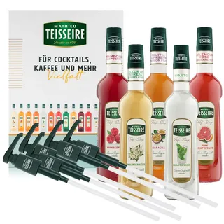 Mathieu Teisseire SET Cocktail 5+5-5 x beliebte Sirupe + 5x Pumpen - Himbeere, Maracuja, Pink Grapefruit, Holunderblüte, Mojito Mint (5x 0,7l)