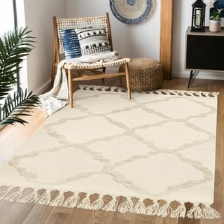 LINROMIA Teppich Wohnzimmer Groß 120x180cm, Boho Beige Getuftet Baumwollteppich mit Gewebt Quasten, Waschbarer Teppich für Schlafzimmer Wohnzimmer Küche Esszimmer Kinderzimmer