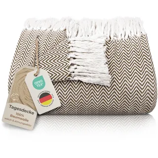 Gräfenstayn Premium Tagesdecke mit Fransen - 100% Baumwolle - 220 x 240 cm XXL - Fischgrätenmuster Sommerdecke - Baumwolldecke als Bett-Überwurf, Couch-Überwurf, Sofa-Decke (Braun)