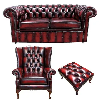 Chesterfield Sofagarnitur Leder Sofa Textil Couch Garnitur Polster Ohrensessel - Schwarz