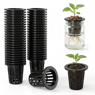 HEMOTON 50 Stück Hydrokultur Netztöpfe, 7cm Hydrokultur Pflanzen Net Mesh Topf Pot, Kunststoff Anzuchttöpfe Pflanzkörbe für Hydroponics Supplies, Nursery Net Cups, Schwarz