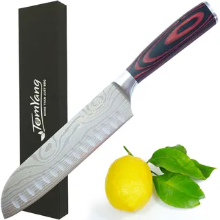 TomYang Santoku-Küchenmesser aus deutschem Edelstahl mit ergonomisch geformtem Pakkaholzgriff und Damast-Gravur, Klingenlänge 17 cm