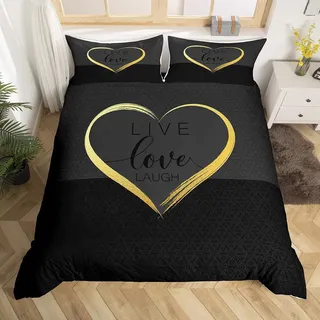 Bettbezug, modern, 140 x 200 cm, Liebe, Schwarz, Gold, mit Herz und Buchstaben – Bettwäsche für Mädchen, Jungen, Paare – 2 Stück, für Liebhaber, Einzelzimmer, Dekor