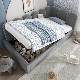Flieks Hydraulisches Polsterbett Schlafsofa 90x190cm, Polsterbett Kinderbett Jugendbett mit Lattenrost, Tagesbett Daybed Sofabett, Samt, Grau - Grau
