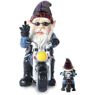 DIKARIYA Gartenzwerg Motorrad Zwerge für Garten, Vatertagsgeschenk für Papa Männer, Motorrad Geschenke Lustige Gartenzwerge Außen Wasserdicht Gartenzwerg Statue Frühlingsdeko Gartendeko Terasse Balkon