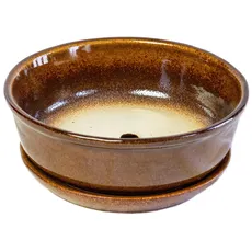 KERAZO Keramik Bonsaischale mit separater Unterschale rund 17,5x6cm hochwertig, robust, frostbeständig, langlebig mit Bodenloch (braun)