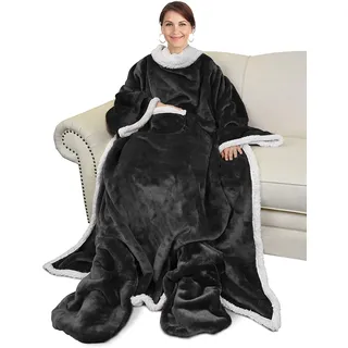 Catalonia TV Decke Kuscheldecke Ganzkörperdecke mit Ärmeln und Füßen, Geschenk Decke zum Anziehen Winter Fleece Sherpa Warme Decken für Erwachsene Frauen Männer 190 x 135 cm, Schwarz