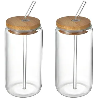 Julyue Bierdosen-Glas mit Bambusdeckel und Strohhalm, 395 ml, wiederverwendbare Glasbecher, Cola-Dose, Glas für Smoothies, Tee, Cola, Saft, Limo, 2 Stück