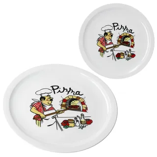 MamboCat 2er Set Mario Pizzateller XXL I Ø 33 cm I für 2 Personen I weiße große Pizzateller aus Porzellan mit Pizza-Bäcker Motiv I für Pizzen oder zum Anrichten I große Speiseteller, Servierplatte