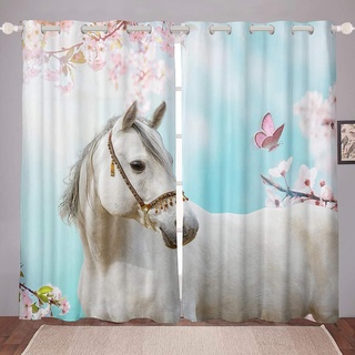 Loussiesd Pferd Drucken Blickdichte Vorhänge Wild Tier Themed Vorhänge Schmetterling Blumendruck Fenstervorhang 137x117cm für Kinder Jungen Mädchen Mikrofaser Natur Themed Raumdekoration