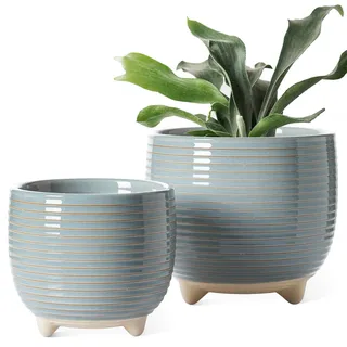 LE TAUCI Blumentopf Keramik mit Füßen, 12+16 cm Durchmesser Klein Übertöpfe Set, 2 er Pack Blumentopf für Zimmerpflanzen mit Abflussloch, Reaktive Glasur Blau Grau