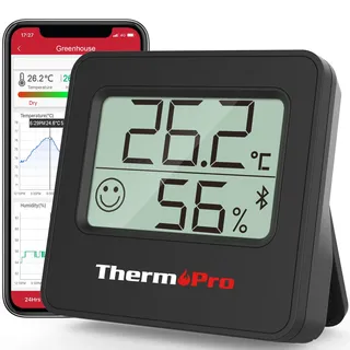 ThermoPro TempPro TP357B 80m Bluetooth Hygrometer Innen Thermometer für Innenräume mit APP Mini Luftfeuchtigkeitsmesser mit Smiley-Indikator Datengrafik für Büro, Weinkeller, Gewächshaus Schwarz