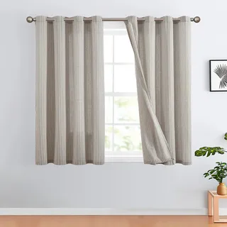TOPICK Leinen Vorhänge Gestreifte Gardinen mit Ösen Modern Beige Leinenoptik Vorhang Wohnzimmer Privarsphäre Gardine Lichtfilterung Ösenschal mit Streifen Muster 2er Set H175xB130cm Grau auf Beige