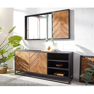 DELIFE Sideboard Famke 145 cm Mango Teak 2 Türen 3 Fächer - Hellbraun, Schwarz